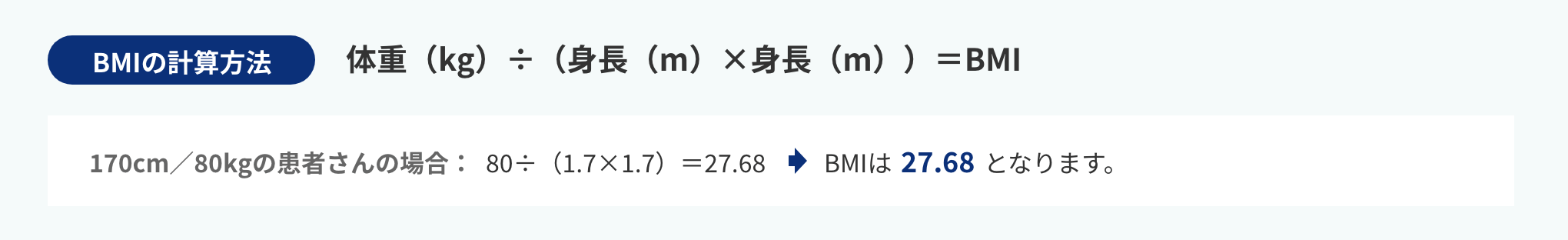 BMIの計算方法：体重（kg）÷（身長（m）×身長（m））＝BMI